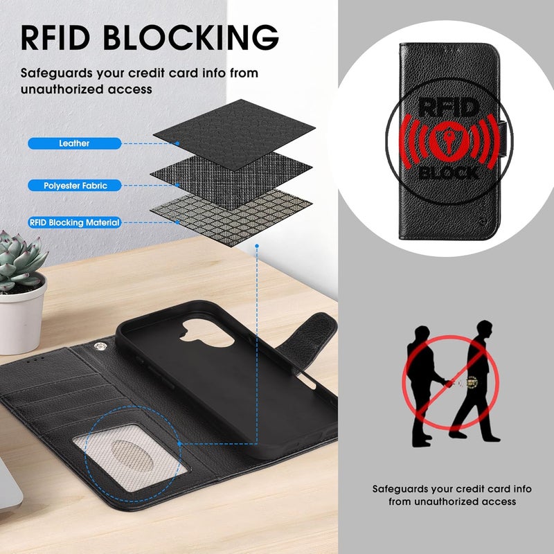 Arae Compatible with iPhone 16 Plus Case Wallet with Card Holder, Wristlet Strap Wallet Flip Cover for iPhone 16 Plus 6.7 inch Men/Women, RFID Blocking, Kickstand,Litchi Black - Image 4